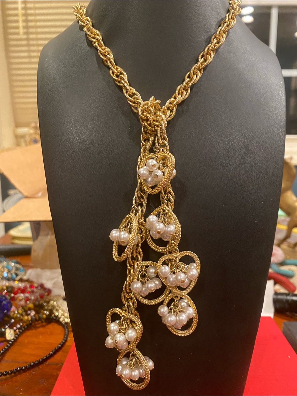 Vintage Gold-Tone Pearl Cluster Lariat Necklace